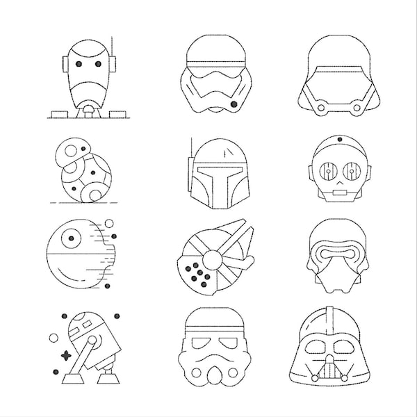 Star Wars Line art Icon Set 12 Embroidery Designs!