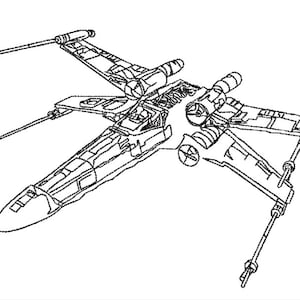 Pode incluir: Um desenho a preto e branco de uma nave espacial X-wing de Star Wars. A nave espacial tem duas asas que são inclinadas para fora e uma cabine no centro.