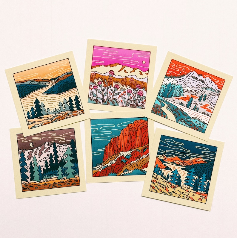 May include: Six colorful illustrations of different landscapes, each with a unique color palette and style. The illustrations feature mountains, rivers, and forests, and are perfect for adding a touch of nature to any space.