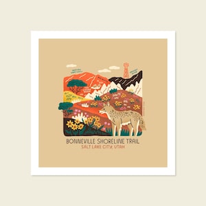 May include: A square art print featuring a coyote standing in a landscape with yellow flowers, green trees, and red mountains. Text reads: Mount Van Cott, The Living Room, Red Butte, Mount Wire, Bonneville Shoreline Trail, Salt Lake City, Utah.