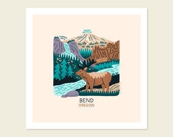 May include: A square art print featuring a stylized illustration of Bend, Oregon. The design includes an elk, Mount Bachelor, Tumalo Falls, Smith Rock State Park, and the Deschutes River. The text reads Mount Bachelor, Tumalo Falls, Smith Rock State Park, Deschutes River, and Bend Oregon.