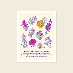 May include: A botanical art print titled Wildflowers of the West on a cream background. It features ten numbered illustrations of flowers in pink, yellow, and purple ink outlines. The text lists the names of each flower from one to ten.