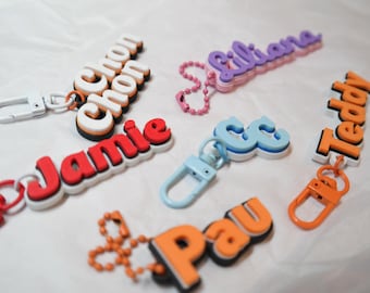 Op de afbeelding: Een verzameling gepersonaliseerde naamsleutelhangers in diverse kleuren, waaronder rood, oranje, blauw en paars. Elke sleutelhanger heeft verhoogde letters met een gelaagd ontwerp, bevestigd aan een bijpassende plastic karabijnhaak of ketting.
