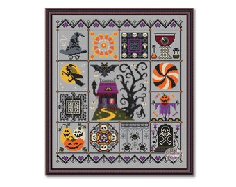 Halloween Sampler Cross stitch pattern Primitive, Happy Halloween, Witch pattern PDF, october 31 pattern