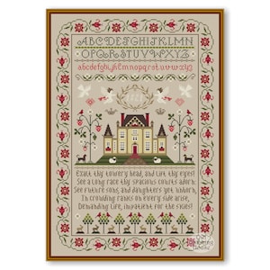 Cross stitch Sampler Look to the Sky, Vintage Sampler House, Primitive old sampler style, Antique style pattern