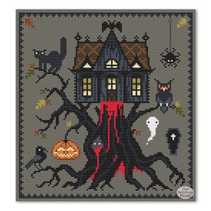 May include: A cross-stitch pattern featuring a spooky house with a dripping red roof, perched atop a gnarled tree.  The scene is filled with Halloween details, including bats, a spider, a ghost, a pumpkin, and a black cat.