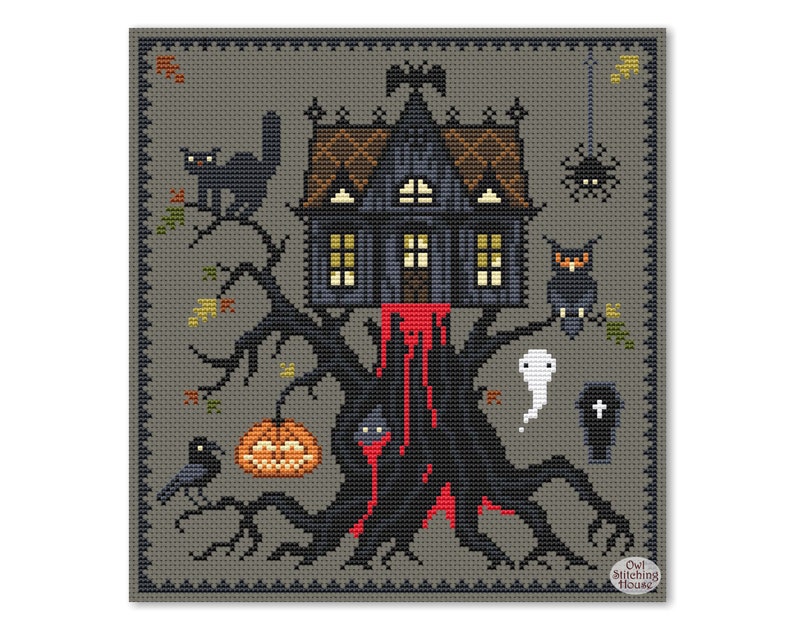 May include: A cross-stitch pattern featuring a spooky house with a dripping red roof, perched atop a gnarled tree.  The scene is filled with Halloween details, including bats, a spider, a ghost, a pumpkin, and a black cat.