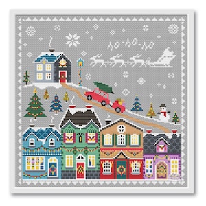 Merry Christmas cross stitch, Santa over the Sity, Cross Stitch pattern winter House, Christmas Town