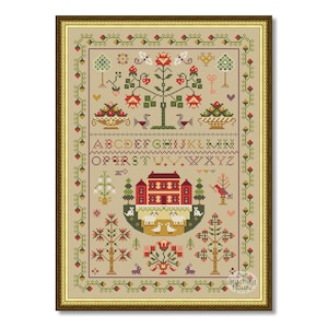 Cross stitch Sampler Red House and Flowers, Vintage Sampler Flowers and Birds, Primitive old sampler style
