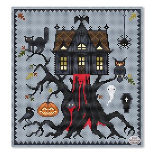 May include: A cross-stitch pattern featuring a spooky house on a tree with dripping blood, a pumpkin, a crow, a ghost, a bat, a spider, and an owl. The pattern is on a gray background with a black border and the text "Owl Stitching House".