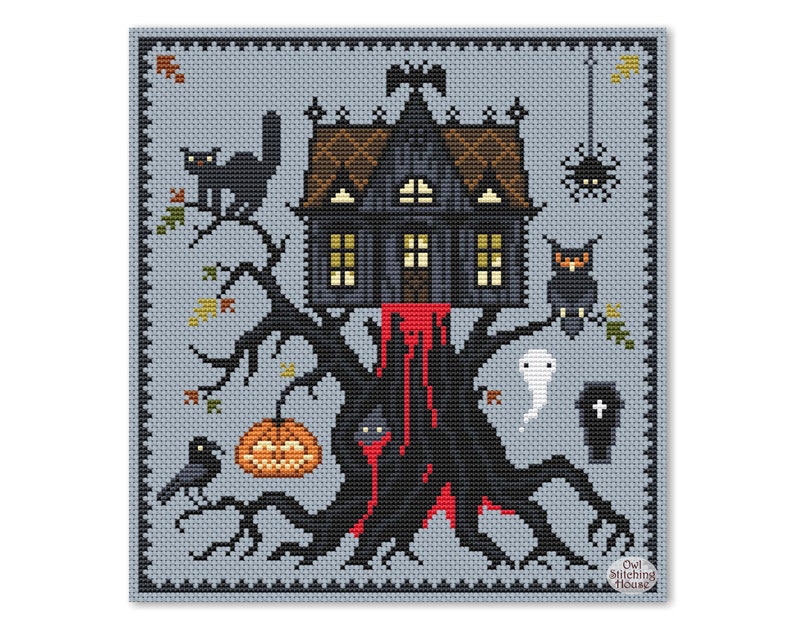 May include: A cross-stitch pattern featuring a spooky house on a tree with dripping blood, a pumpkin, a crow, a ghost, a bat, a spider, and an owl. The pattern is on a gray background with a black border and the text "Owl Stitching House".