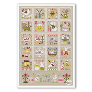 Happy Easter Advent, Easter Cross stitch pattern, Easter Advent Primitive Sampler