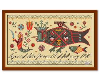 Fraktur Cross Stitch Pattern Legend of Lake Geneva, Modern Folk Embroidery, Sampler pdf