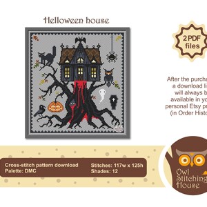 May include: Cross-stitch pattern for a Halloween house with a black cat, a pumpkin, a crow, a ghost, a coffin, and a spider. The house is on a tree with red dripping blood. The pattern is 117 stitches wide by 125 stitches high and uses 12 colors. The pattern is available as a digital download.