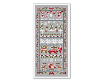 Merry Christmas cross stitch sampler, Winter primitive sampler