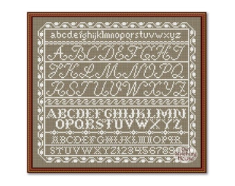 Cross Stitch Sampler Monochrome Alphabet, Vintage Sampler