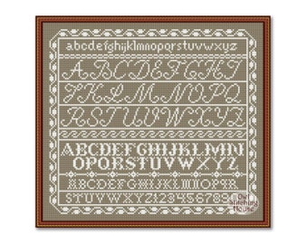 Alphabet monochrome sampler au point de croix, lettre sampler vintage, motif monochrome de l'alphabet primitif