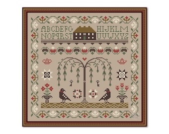House and Crows Cross Stitch Sampler: Vintage Primitive Pattern (PDF)