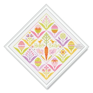 Happy Easter Cross stitch pattern, Primitive sampler