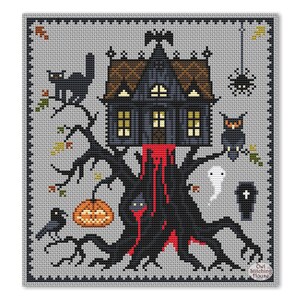 May include: A cross-stitch pattern featuring a spooky house on a tree with dripping blood, a pumpkin, a crow, a ghost, a coffin, a spider, a cat, and an owl. The pattern is framed with a gray border and includes the text "Owl Stitching House".
