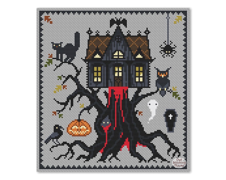 May include: A cross-stitch pattern featuring a spooky house on a tree with dripping blood, a pumpkin, a crow, a ghost, a coffin, a spider, a cat, and an owl. The pattern is framed with a gray border and includes the text "Owl Stitching House".