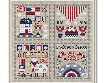 Stamps 250 Years Independence Day Cross Stitch Sampler:4 July Patriotic Pattern (PDF Pattern)