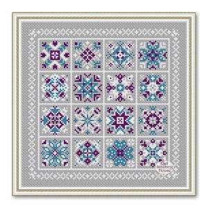 May include: A cross stitch pattern featuring a quilt block design with 12 different snowflake and geometric patterns in shades of purple, teal, and white. The pattern is framed in a grey border with a white background.