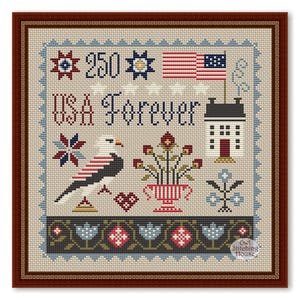 Op de afbeelding: Kruissteekontwerp met patriottische symbolen. Het ontwerp bevat een Amerikaanse vlag, een adelaar, een huis en de tekst "USA Forever". Het kleurenpalet bestaat uit rood, wit, blauw en beige, met een decoratieve rand.