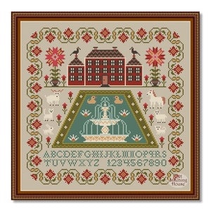 Vintage House Cross Stitch Sampler with Fountain (PDF Pattern)