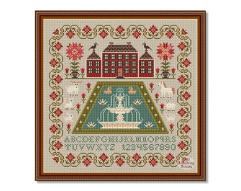 Wzór haftu krzyżykowego „Vintage House” z fontanną (wzór PDF)
