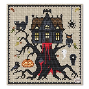 May include: Cross-stitch pattern featuring a spooky house with a dripping red roof, perched on a gnarled tree with a black cat, a pumpkin, a ghost, and a crow. The pattern is surrounded by a black border and includes the text "Owl Stitching House".