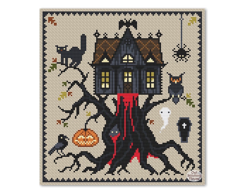 May include: Cross-stitch pattern featuring a spooky house with a dripping red roof, perched on a gnarled tree with a black cat, a pumpkin, a ghost, and a crow. The pattern is surrounded by a black border and includes the text "Owl Stitching House".
