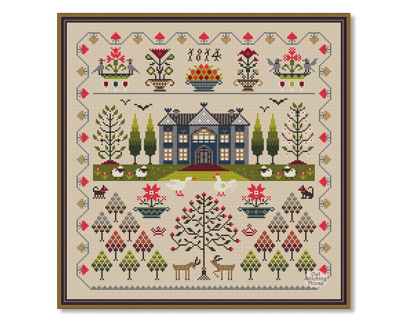 Cross Stitch Sampler House With Cypresses Vintage Sampler - Etsy
