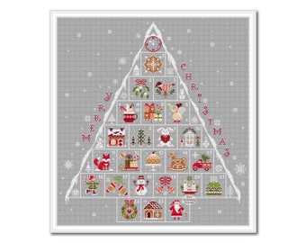 May include: A gray and white cross-stitch pattern of a Christmas tree with 21 numbered ornaments. The ornaments depict various Christmas symbols, including a gingerbread house, a snowman, a reindeer, and a stocking. The word "CHRISTMAS" is spelled out vertically on the right side of the tree.
