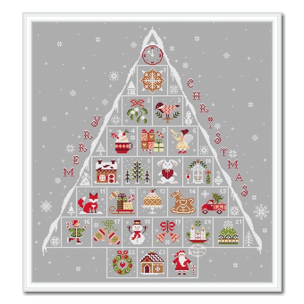 May include: A gray and white cross-stitch pattern of a Christmas tree with 21 numbered ornaments. The ornaments depict various Christmas symbols, including a gingerbread house, a snowman, a reindeer, and a stocking. The word "CHRISTMAS" is spelled out vertically on the right side of the tree.