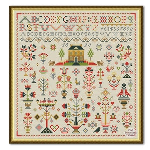 Cross stitch Old sampler, Vintage Sampler Flowers and Birds, Primitive old sampler style