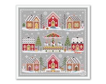 May include: A cross-stitch pattern featuring a winter village scene with gingerbread houses, a carousel, and snow-covered trees. The pattern is in shades of red, white, brown, and green. The text "Owl Stitching House" is in the bottom right corner.