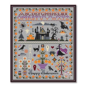 Cross stitch sampler Happy Halloween #3, Halloween Primitive Pattern, Pumpkin, Black cat, Spooky, Modern Folk Embroidery Happy Halloween