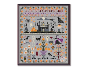 May include: A cross-stitch pattern featuring a Halloween alphabet, a spooky castle, a witch, a cauldron, a skeleton, a crow, a ghost, pumpkins, and the text "Happy Halloween".