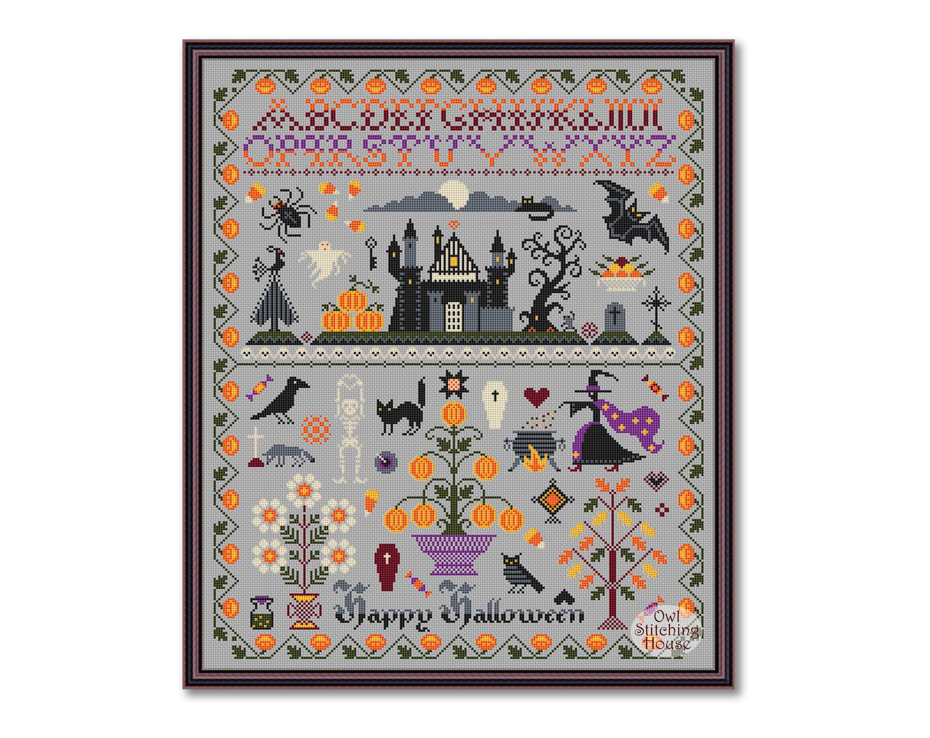 Happy Halloween Cross Stitch Pattern: Spooky Black Cat, Pumpkin (PDF ...