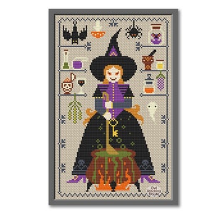 Witch and Cauldron Cross Stitch Pattern: Halloween Embroidery (PDF Pattern)