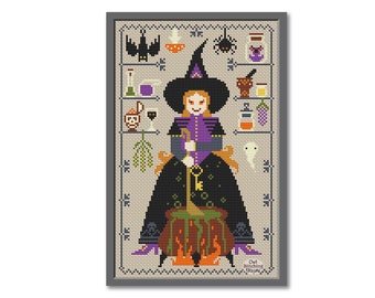 Witch and Cauldron Cross Stitch Pattern: Halloween Embroidery (PDF Pattern)