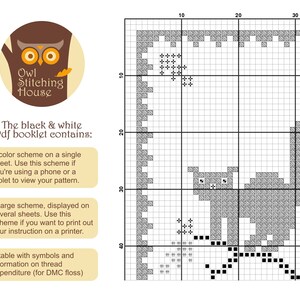 May include: Black and white cross stitch pattern of a cat sitting on a gray background. The pattern is displayed on a grid with numbers and symbols. The text "The black & white Pdf booklet contains:" is visible at the top of the image. The text below lists the contents of the booklet: "A color scheme on a single sheet. Use this scheme if you're using a phone or a tablet to view your pattern.", "A large scheme, displayed on several sheets. Use this scheme if you want to print out your instruction on a printer.", "A table with symbols and information on thread expenditure (for DMC floss)."