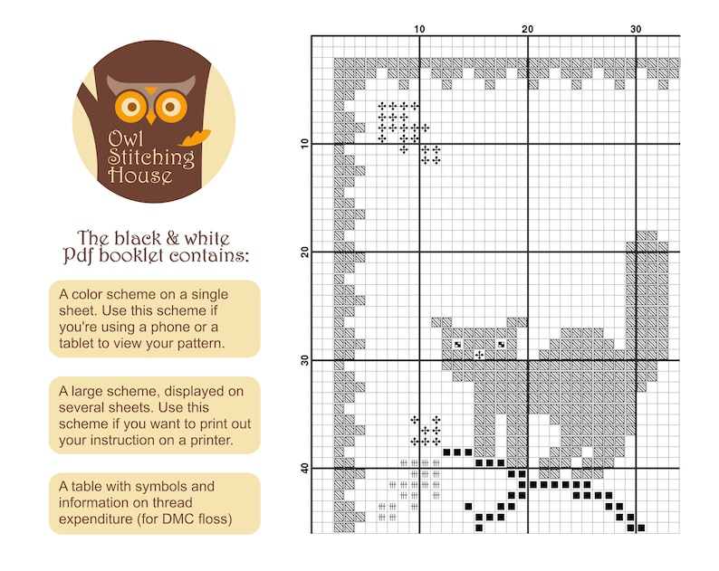 May include: Black and white cross stitch pattern of a cat sitting on a gray background. The pattern is displayed on a grid with numbers and symbols. The text "The black & white Pdf booklet contains:" is visible at the top of the image. The text below lists the contents of the booklet: "A color scheme on a single sheet. Use this scheme if you're using a phone or a tablet to view your pattern.", "A large scheme, displayed on several sheets. Use this scheme if you want to print out your instruction on a printer.", "A table with symbols and information on thread expenditure (for DMC floss)."