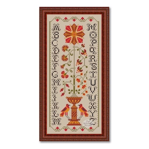 Patrón de punto de cruz PDF, Sampler Flores y pájaros #2, Sampler antiguo primitivo, Sampler de letras