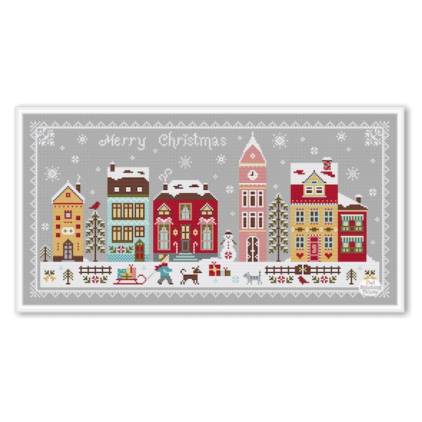 Merry Christmas Houses Cross Stitch, Cross stitch pattern Winter House PDF, Merry Christmas village Sampler