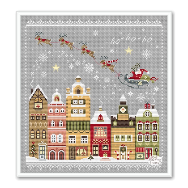 Merry Christmas cross stitch, Santa over the sity, Santa with gifts Merry Christmas sampler
