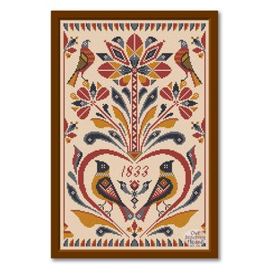 Fraktur Cross Stitch Pattern Birds #3, Modern Folk Embroidery, Sampler pdf