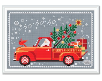 Merry Christmas Cross Stitch Pattern Winter Sampler Santa with a Christmas Tree