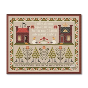 Cross stitch Sampler Psalm 4:9, Antique style Sampler House, Primitive old sampler style, Vintage pattern pdf